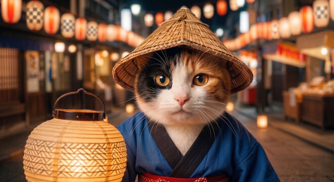 A close up portrait of a cute anthropomorphic calico cat wearing a blue happi coat and a straw hat next to a glowing lantern at a night festival, generative AI
