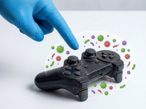 A globed hand points at a dusty black gaming controller with illustrated microorganisms and bacteria floating around it on a white background.