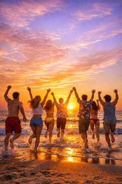 Joyful Beach Gathering at Sunset