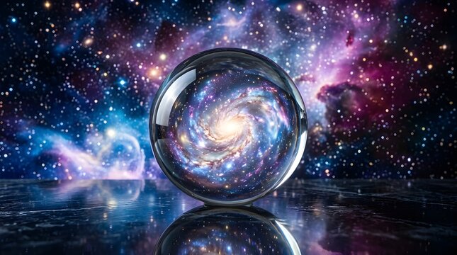 Mystical crystal ball reflecting a spiral galaxy, cosmic nebula background with stars and planets, magical glass sphere for fortune telling and astrology
