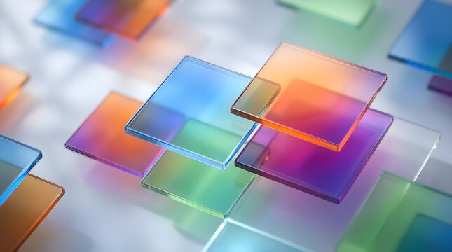 Abstract translucent glass squares in vibrant rainbow colors, colorful geometric glass plates background, modern glass texture for tech design