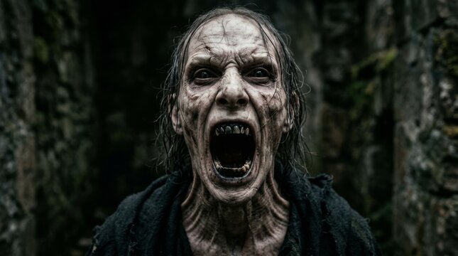 Horrifying zombie monster with open mouth and sharp teeth, grotesque undead creature with gaunt face and blood-stained skin, a chilling halloween concept or horror movie character