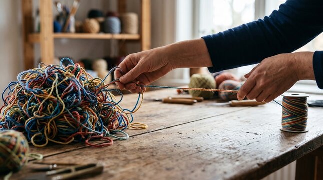 Hands untangling a large pile of colorful yarn on a rustic wooden table with crafting tools and shelves in the background