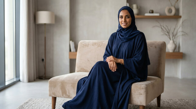 Elegant Muslim Woman Wearing Navy Abaya Seated on Sofa in Modern Living Room