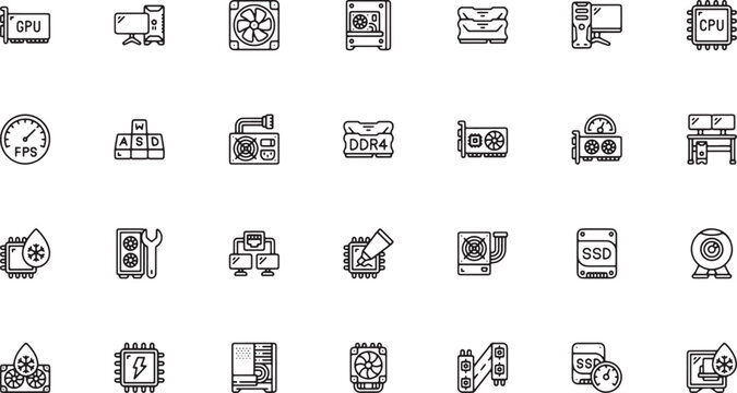 Gaming PC Hardware and Computer Components Line Icon Collection
