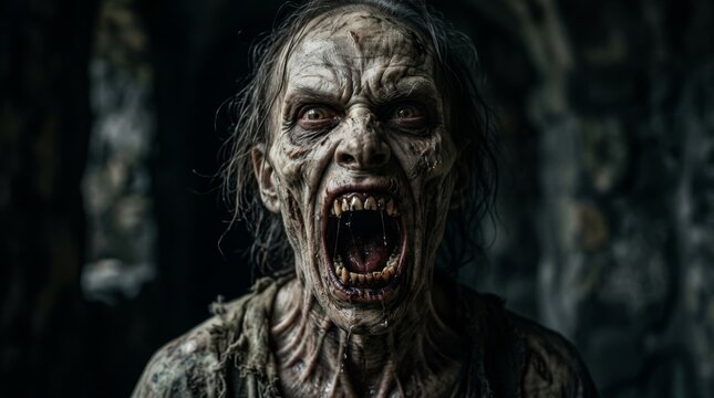 Horrifying zombie monster with open mouth and sharp teeth, grotesque undead creature with gaunt face and blood-stained skin, a chilling halloween concept or horror movie character
