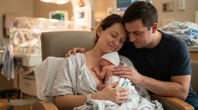 New parents tenderly embrace their newborn baby in a hospital room with a neonatal incubator in the background