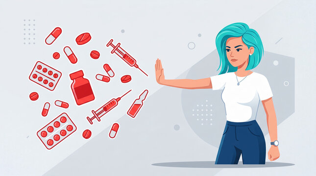 A minimalist vector illustration of a young girl raising her hand to reject dangerous drugs and illegal substances for a healthy lifestyle.
