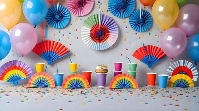 Balloons, paper fans, and cupcakes on a party table, festive anniversary holiday celebration event layout template, sweet bakery dessert food backdrop