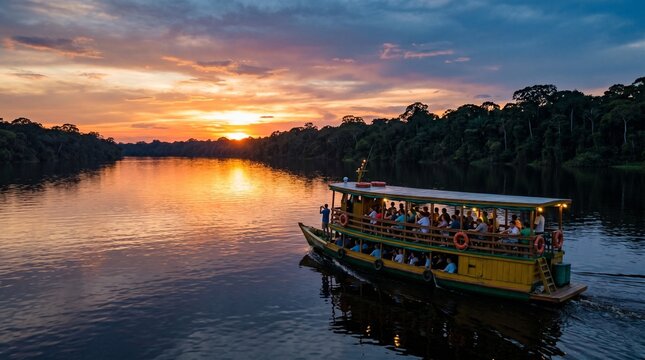 Tour boat navigates a wide river at sunset with lush jungle on the banks and a vibrant orange sky reflecting on the water