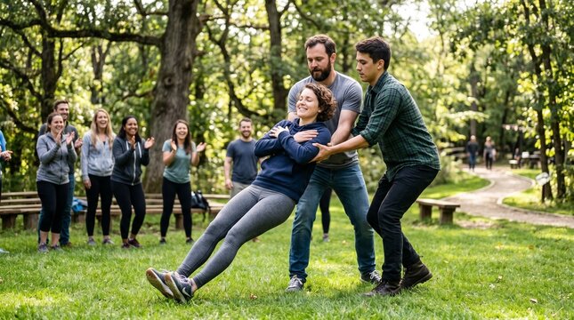 Diverse group of adults participating in a trust fall exercise in a park during daytime with trees and grass