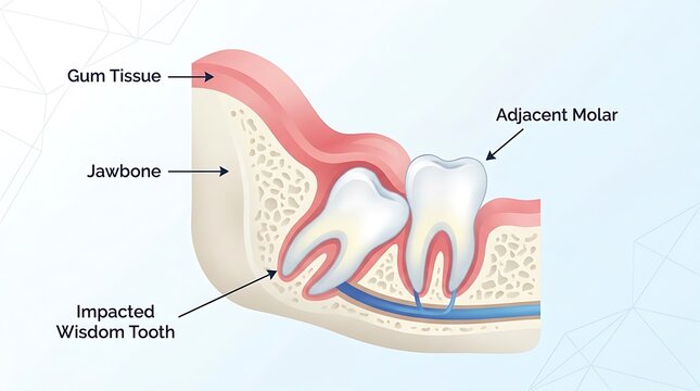 Diagram of impacted wisdom tooth erupting next to adjacent molar