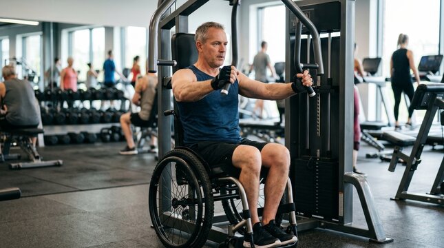 Man in wheelchair exercising on chest press machine in modern gym with other people working out in background