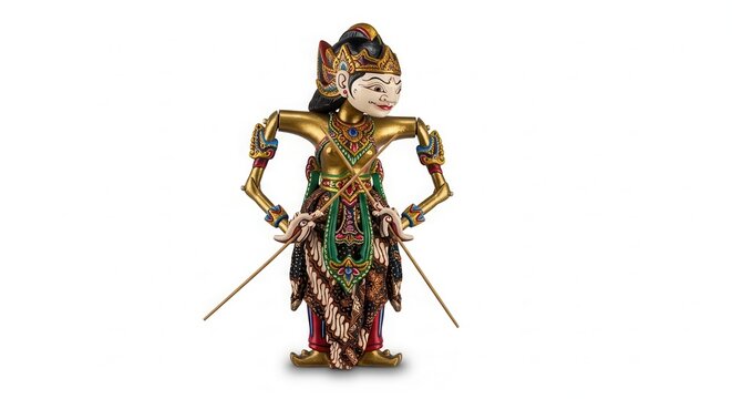 Traditional Wayang Kulit Puppet with Ornate Costume and Swords.