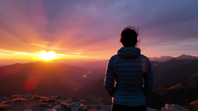 Woman watching vibrant sunset from mountain peak