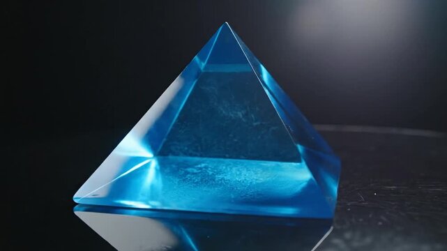 Glowing blue crystal pyramid on dark reflective background