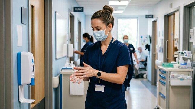 Nurse wearing mask and scrubs sanitizing hands in hospital corridor with other medical staff and equipment in background