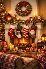 Fototapeta premium Cozy Christmas Fireplace Decoration