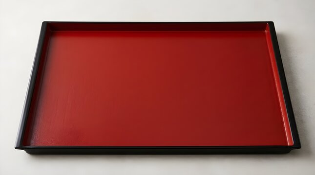 Traditional Japanese lacquerware tray with red interior and black rim, elegant rectangular serving platter for sushi and tea, minimalist kitchenware