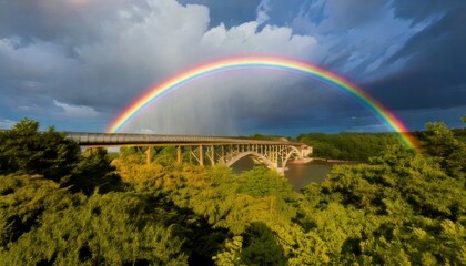Fototapeta premium Vibrant Rainbow Arches Over Bridge and Lush Green Forest Landscape.
