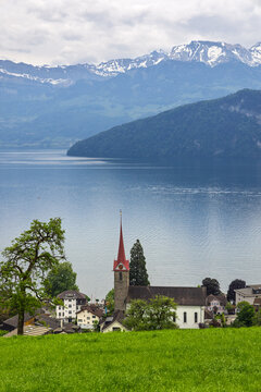Weggis village overlooking Lake Lucerne and Alps