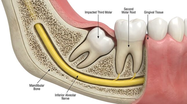 Mandibular section showing impacted third molar and inferior alveolar nerve