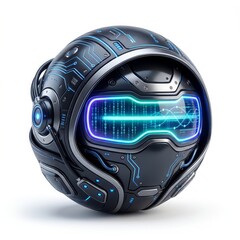 Fototapeta premium Futuristic black helmet with blue neon lights on isolated white background