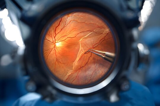 Retinal microsurgery POV &mdash; surgeon operating microscope view of eye surgery with precision instruments

