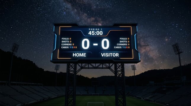 Scoreboard displaying 00 at a soccer stadium under a starry night sky with empty seats