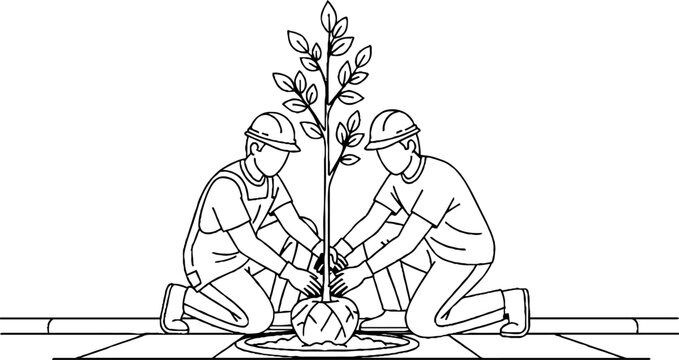 Two workers carefully planting a young sapling together outdoors.