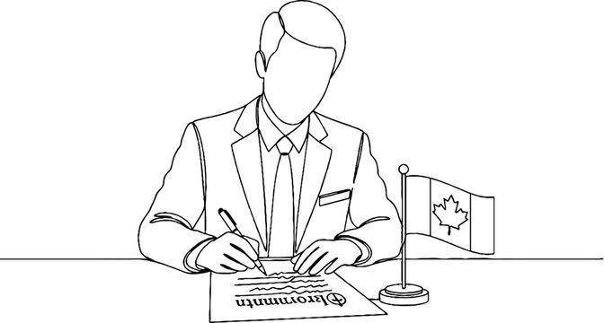 Businessman signing official document with national flag.