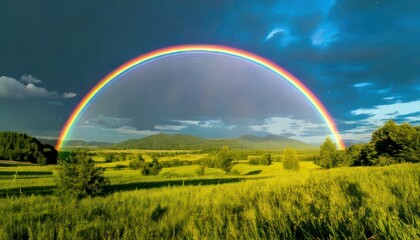 Fototapeta premium Vibrant Rainbow Arches Over Lush Green Field After the Rain.