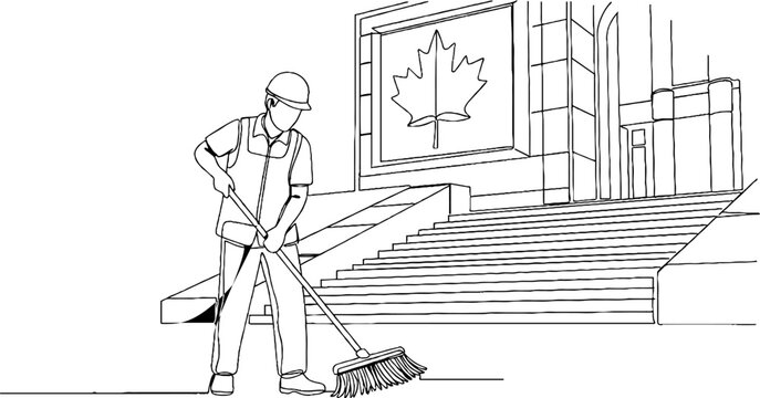 Diligent groundskeeper sweeping outdoor public building steps.
