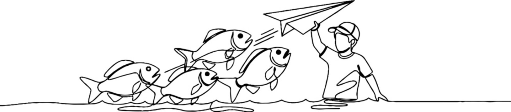 Whimsical cartoon boy flying paper airplane with fish.