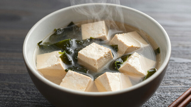karate diet miso soup with tofu and seaweed in bowl
