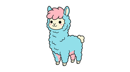 A cute cartoon llama with a pink mane and tail stands on a white background with a pastel color scheme. © ahmad