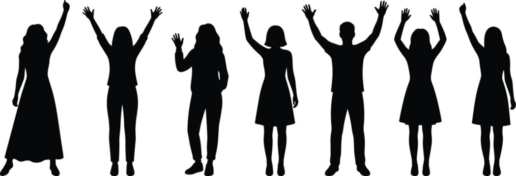 Row of happy people silhouettes raising hands waving and celebrating together isolated on white background