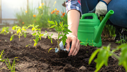 Fototapeta premium Gardener planting a tomato seedling in fertile soil with a watering can nearby, nurturing young plants in a sunny garden
