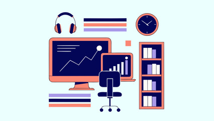 Stylish gaming workspace vector with headphones, desktop setup, bookshelves, and modern room interior. Ideal for e sports, streaming, and digital creator content. © Tamar