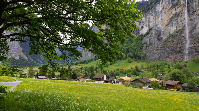 Lauterbrunnen Valley village view with Staubbach Falls