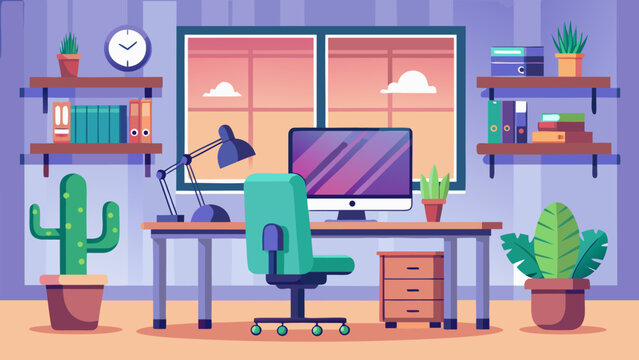 Contemporary office vector featuring desktop computer, bookshelves, indoor plants, and sunset window view. Great for productivity and work from home concepts.