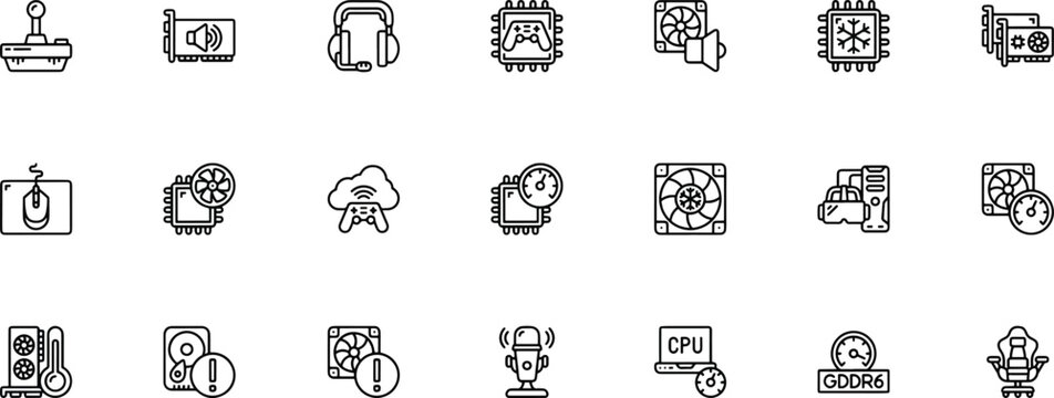 PC Gaming Hardware, Streaming Peripherals, and Performance Line Icon Set