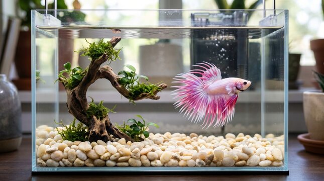 Pink Betta Fish in Aquarium Tank.