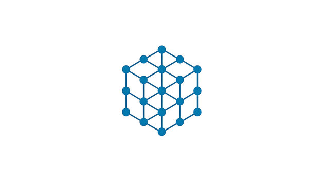 Geometric cube structure made of connected blue dots and lines on a white background, representing data network or abstract technology