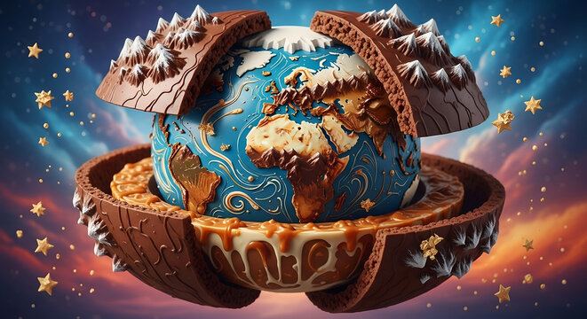 Luxury Chocolate Earth Globe with Mountain Shell Layers and Caramel Details in Fantasy Dessert World Illustration