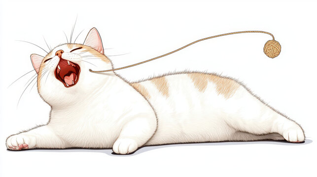 Playful cat stretches while yawning, with ball of yarn nearby, showcasing relaxed and cheerful atmosphere