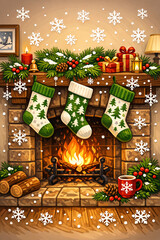 Fototapeta premium Cosy Fireplace Christmas Decoration Illustration