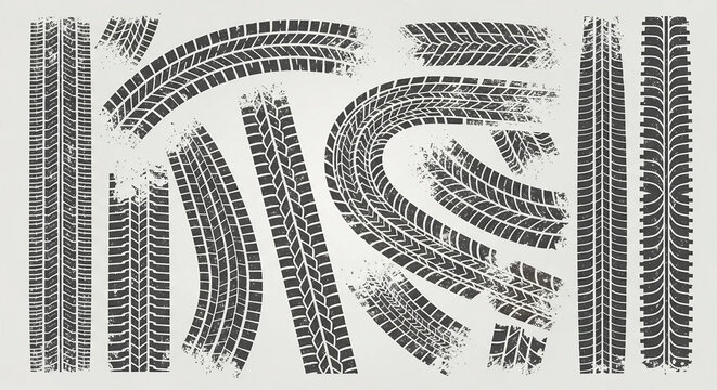 Art of set of various tire track silhouettes collection of car, motorcycle, and bicycle tire marks in different shapes and patterns for design elements.