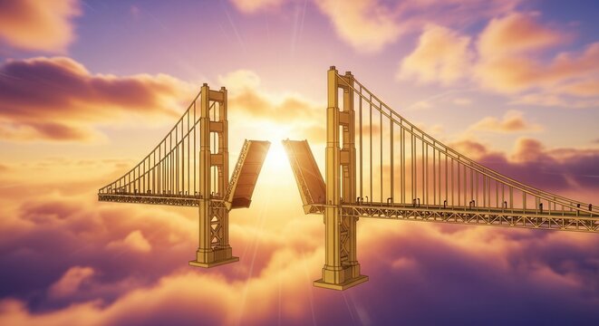 Surreal conceptual bridge opening in the clouds at sunset.