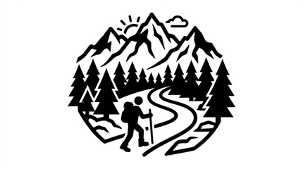 Fototapeta premium Hiker walking on a winding trail through a forest towards mountains at sunrise